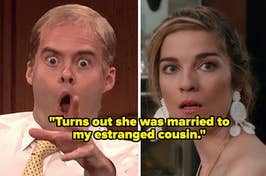 "Turns out she was married to my estranged cousin" over gasping bill hader and shocked annie murphy