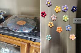 to the left: a record player, to the right: floral magnets