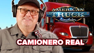 Trucker, Scot Free, smiles wistfully with headphones on and the words "REAL TRUCKER" pointing to him. A semi truck and the game title "American Truck Simulator" are to his right.