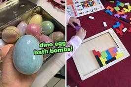 reviewer showing the colorful dino egg bath bombs / reviewer showing child's hands working on a puzzle