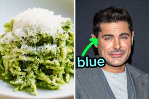 On the left, some pesto pasta topped with grated parmesan cheese, and on the right, Zac Efron with an arrow pointing to his eye and blue typed under it