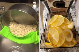 L: green snap-on silicone strainer being used to drain shell pasta R: lemons sliced with a mandolin